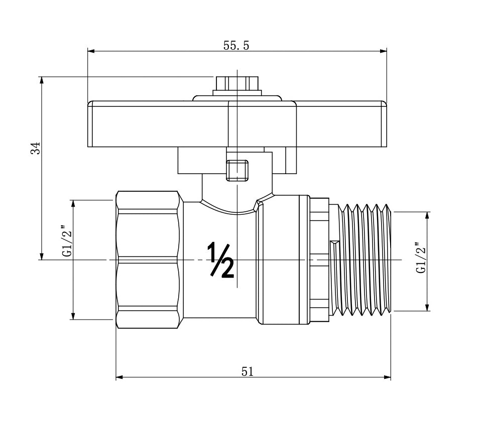 Lijntekening Kogelstopkraan met vlindergreep 1/2 inch bi x 1/2 inch bu
