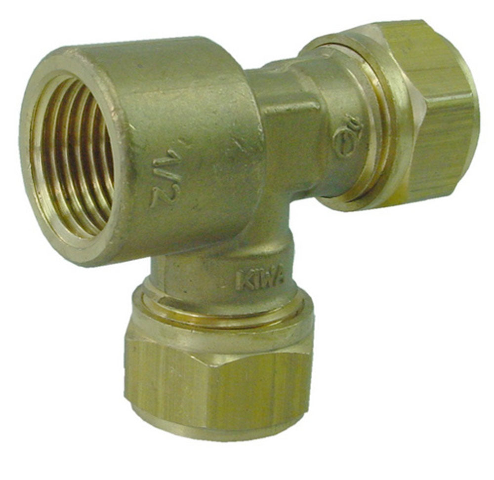 Knelkoppeling T-stuk KIWA Gastec 15mm x 15mm x 1/2 inch bi messing
