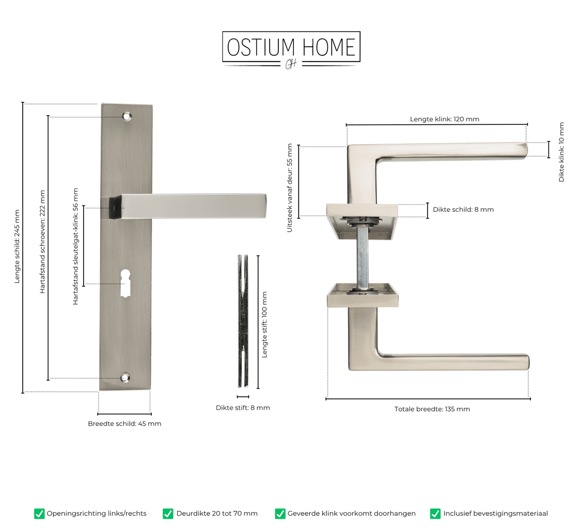 Maattekening van deurklink Grado in RVS met sleutelgat 56 mm