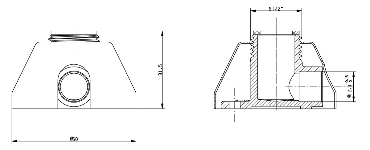 Lijntekening Muurplaatkoppeling 1/2 inch x 12mm met rozetten 2 stuks chroom