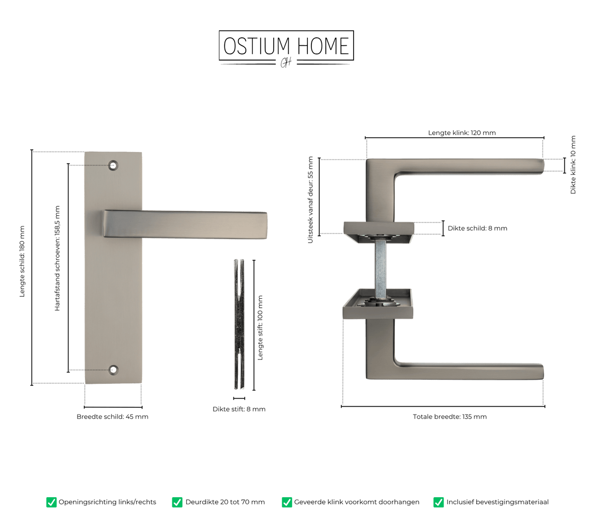 Maattekening van deurklink Novara in gun metal