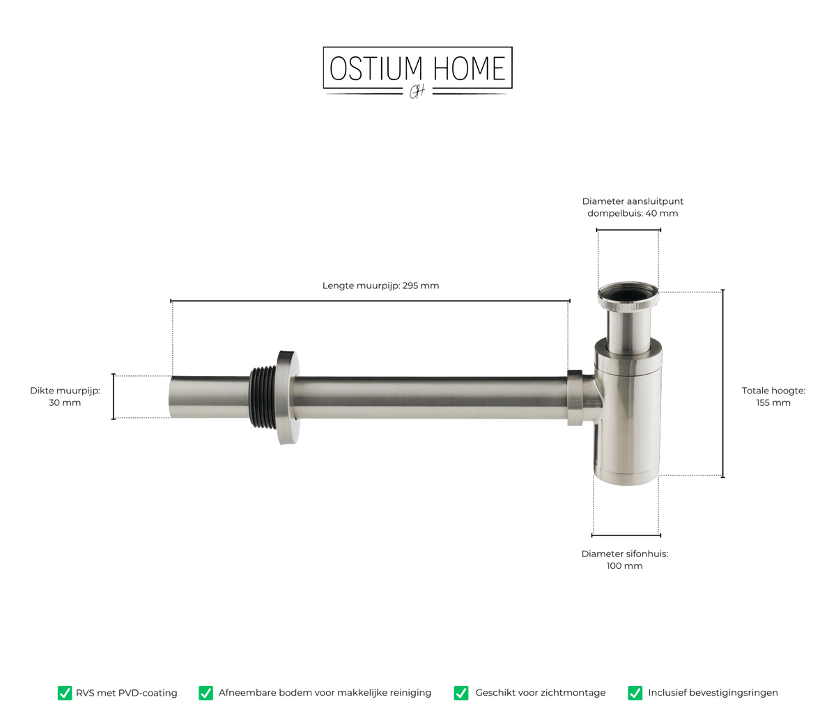 Maattekening van wastafelsifon Scarini in RVS