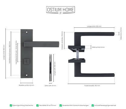 Maattekening van deurklink Ravello in zwart met WC-sluiting 63 mm