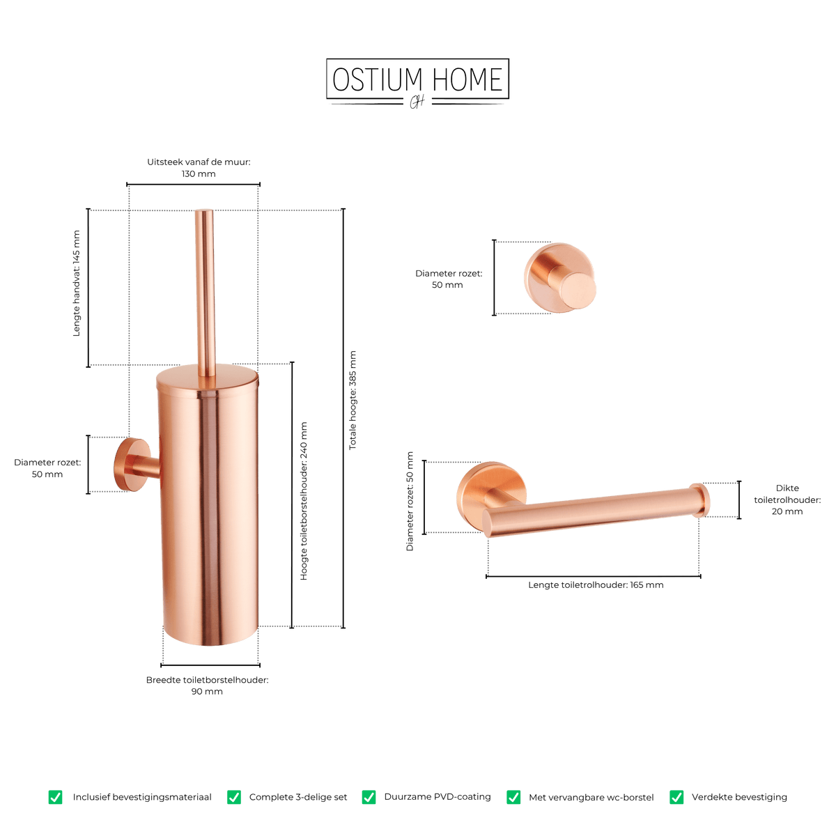 Maattekening van 3-delige toiletaccessoireset Stanio in rosé koper