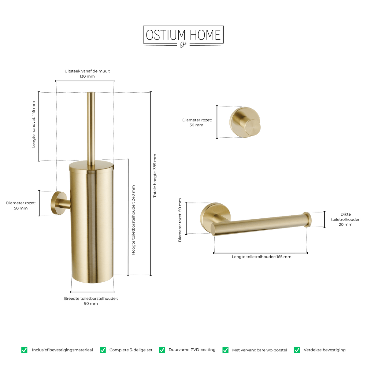 Maattekening van 3-delige toiletaccessoireset Stanio in goud