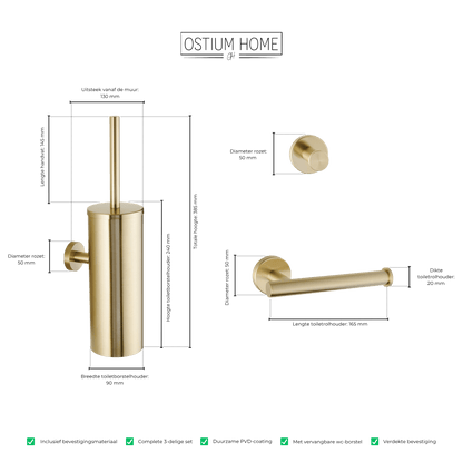Maattekening van 3-delige toiletaccessoireset Stanio in goud