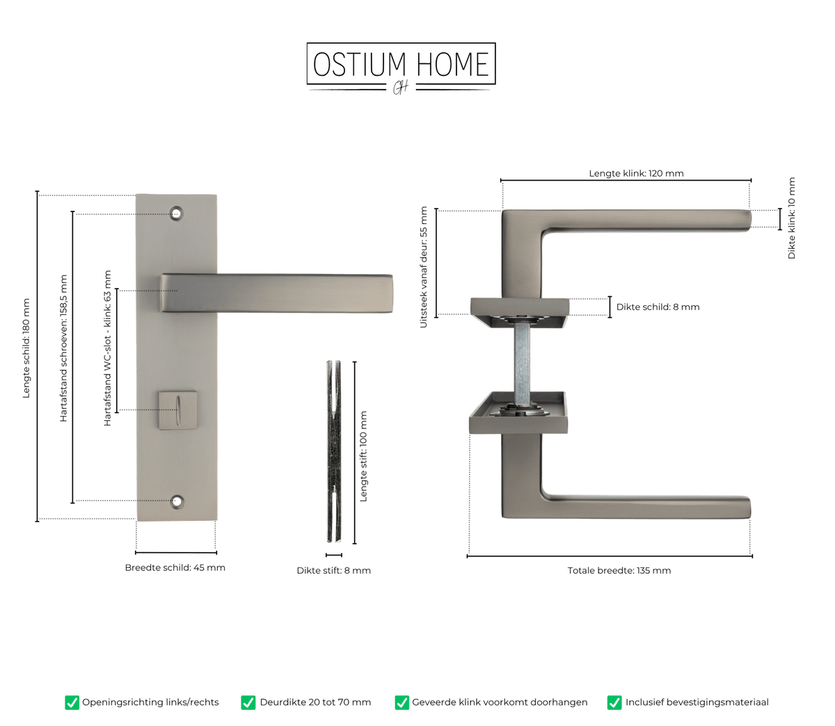 Maattekening van deurklink Novara in gun metal met WC-sluiting 63 mm