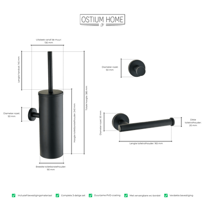 Maattekening van 3-delige toiletaccessoireset Stanio in mat zwart