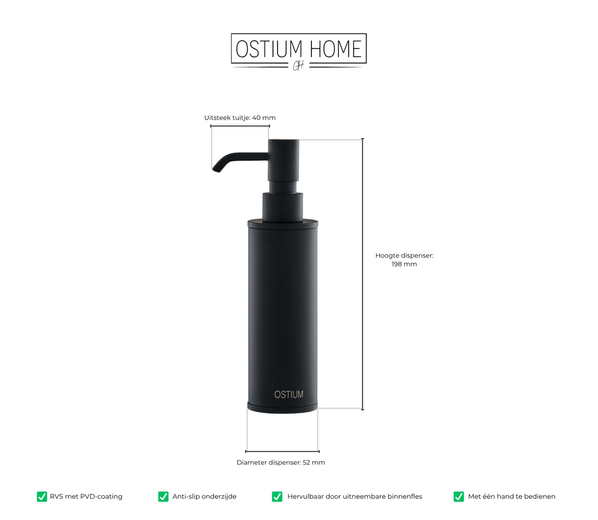Maattekening van zeepdispenser Saponi in mat zwart