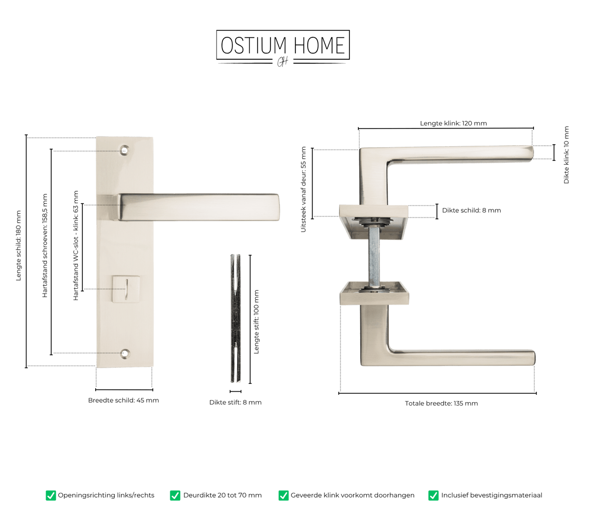 Maattekening van deurklink Merano in RVS met WC-sluiting 63 mm