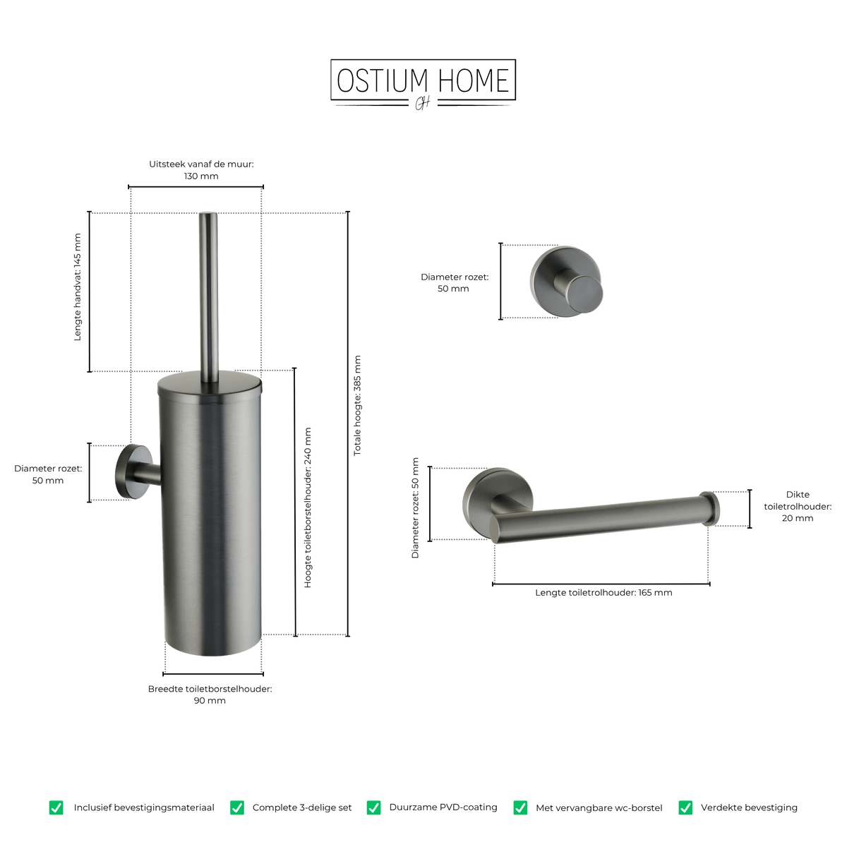 Maattekening van 3-delige toiletaccessoireset Stanio in gun metal