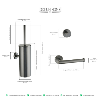 Maattekening van 3-delige toiletaccessoireset Stanio in gun metal