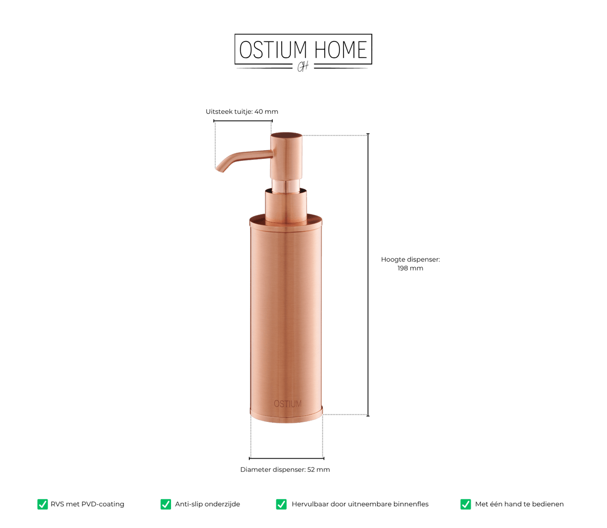 Maattekening van zeepdispenser Saponi in rosé koper