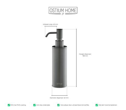 Maattekening van zeepdispenser Saponi in gun metal