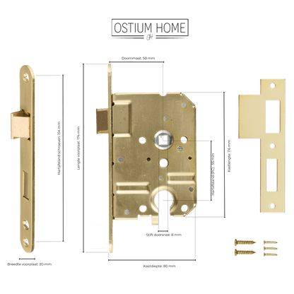 Maattekening van cilinderinsteekslot goud PC 55 mm