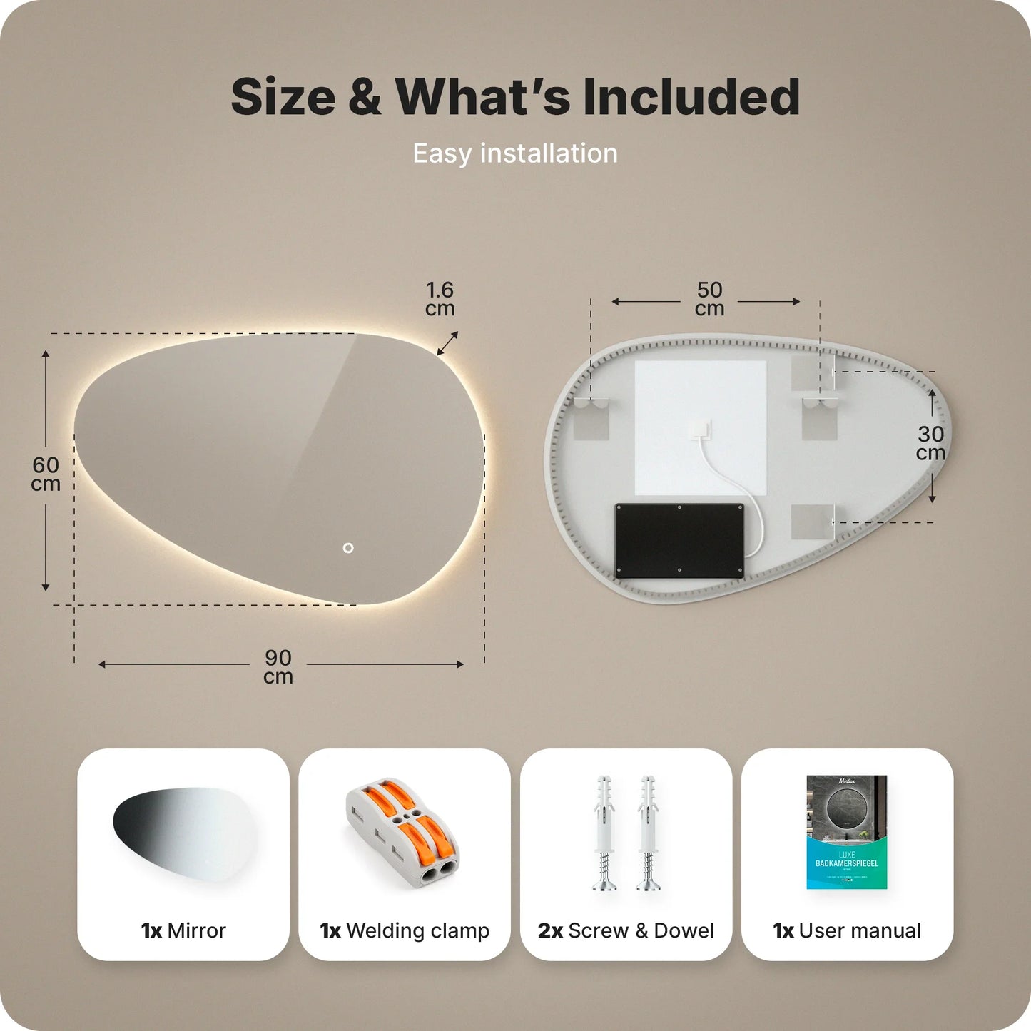 Badkamerspiegel - 90x60cm Asymmetrisch - Frameloos