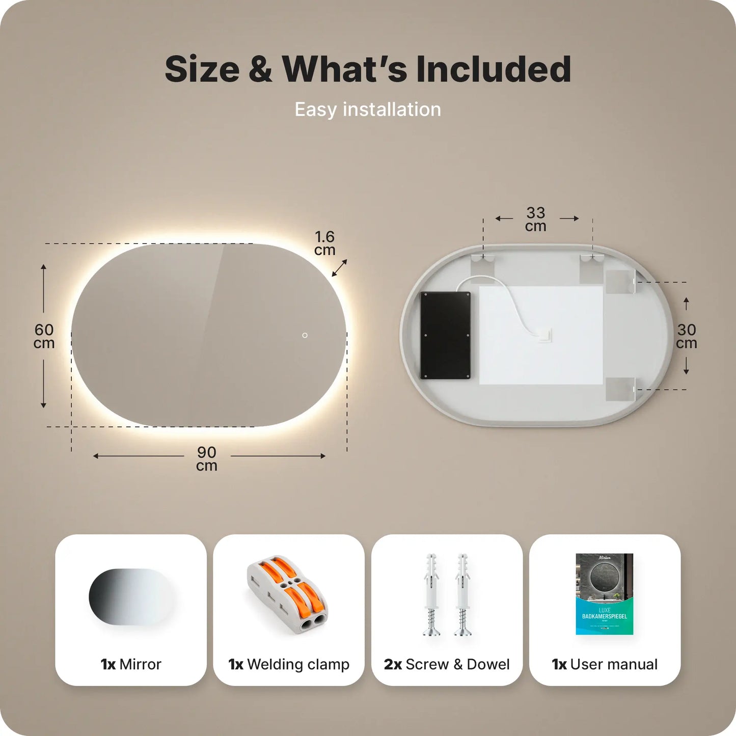 Badkamerspiegel - 90x60cm Ovaal - Frameloos