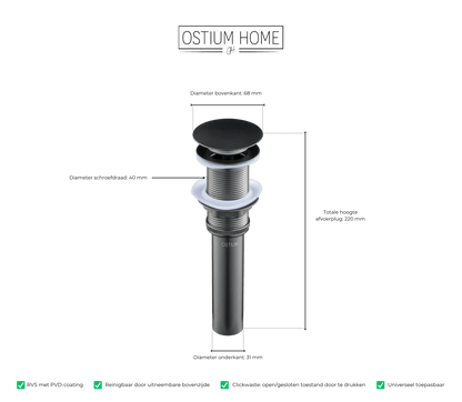 Maattekening van clickwaste afvoerplug Fluezza in gun metal