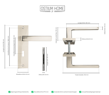 Maattekening van deurklink Merano in RVS met sleutelgat 56 mm