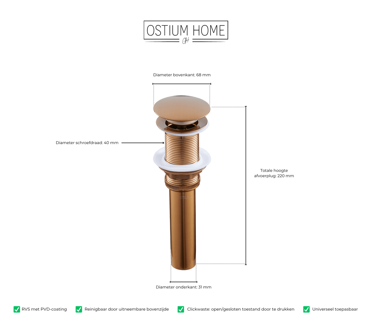 Maattekening van clickwaste afvoerplug Fluezza in mat brons