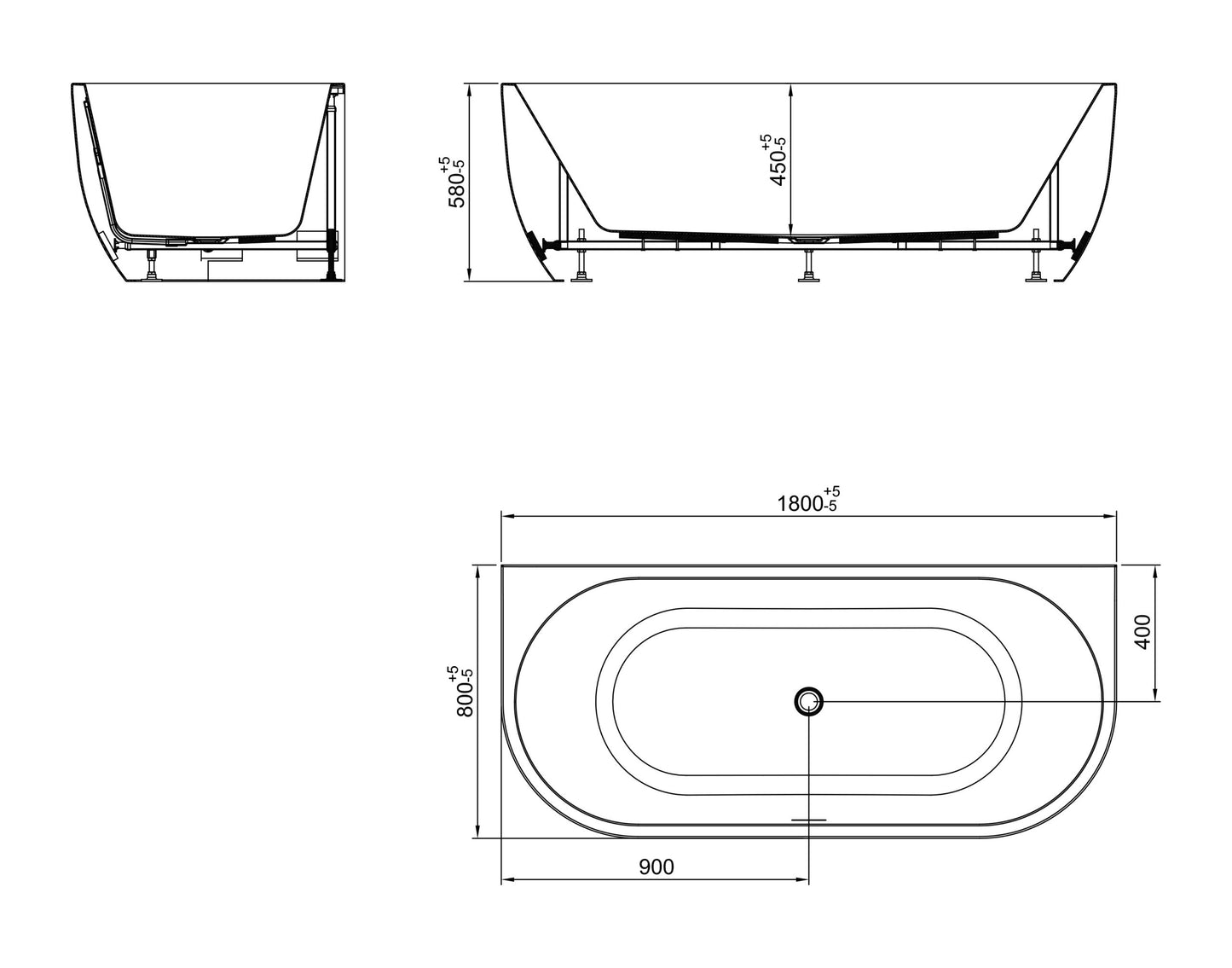 Wiesbaden Zenn half vrijstaand ligbad 180 x 80 cm acryl glans wit met waste glans wit