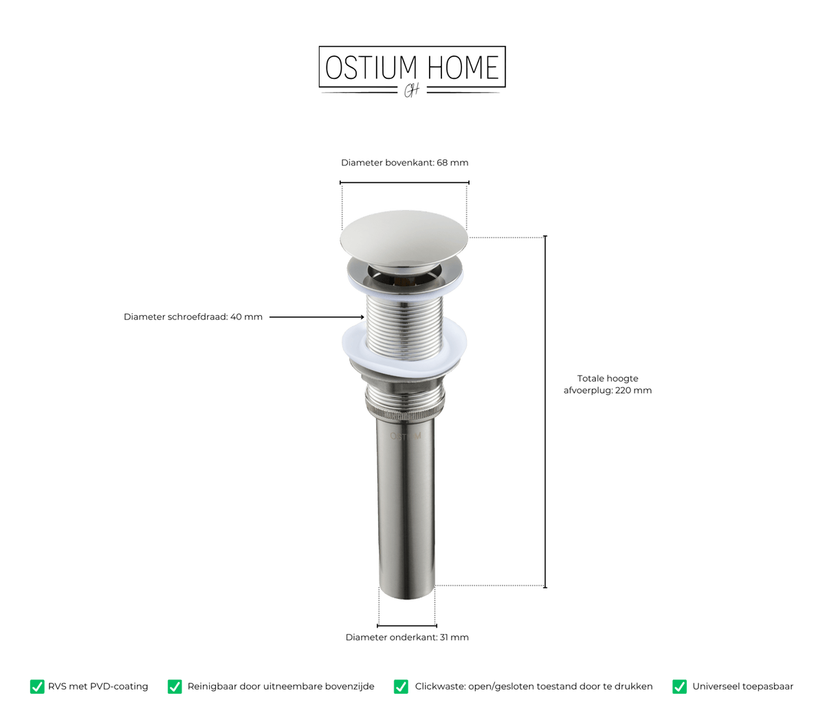 Maattekening van clickwaste afvoerplug Fluezza in RVS