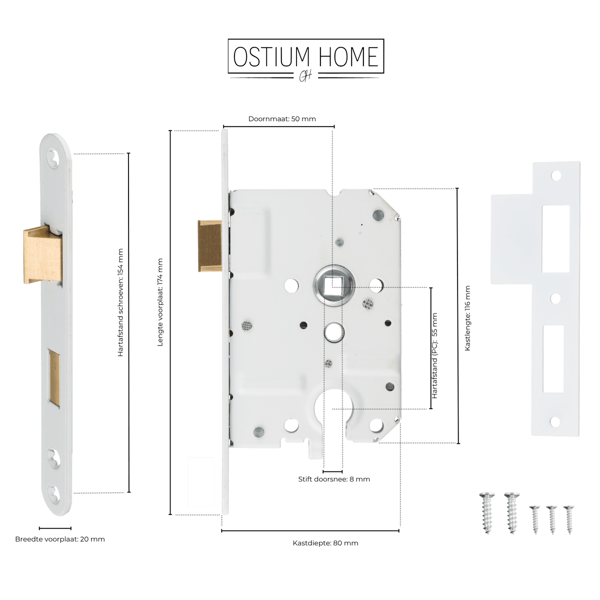 Maattekening van cilinderinsteekslot wit PC 55 mm