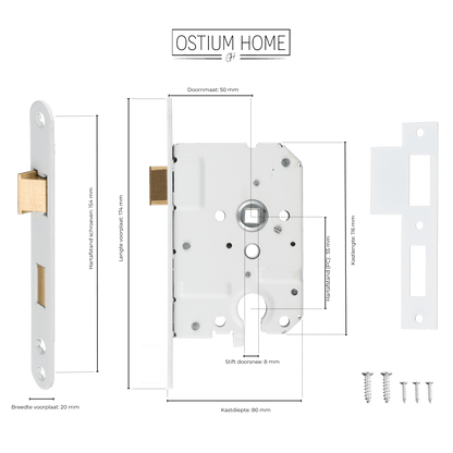 Maattekening van cilinderinsteekslot wit PC 55 mm