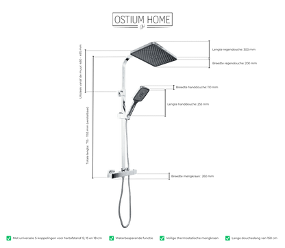 Maattekening van regendoucheset met thermostaat Solvi in chroom