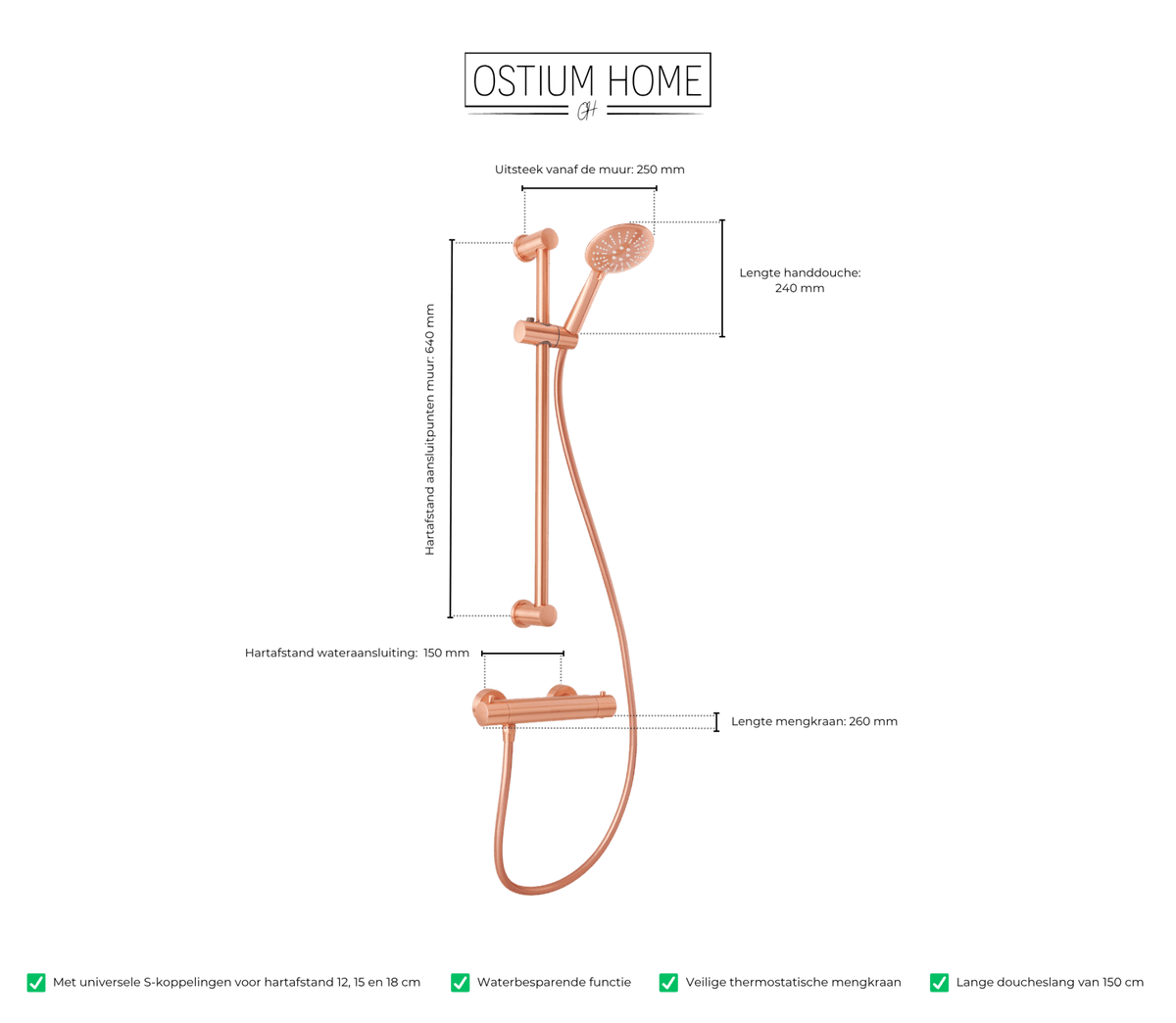 Maattekening van handdoucheset met glijstang Delfi in rosé koper