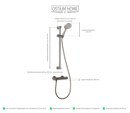 Maattekening van handdoucheset met glijstang Delfi in gun metal