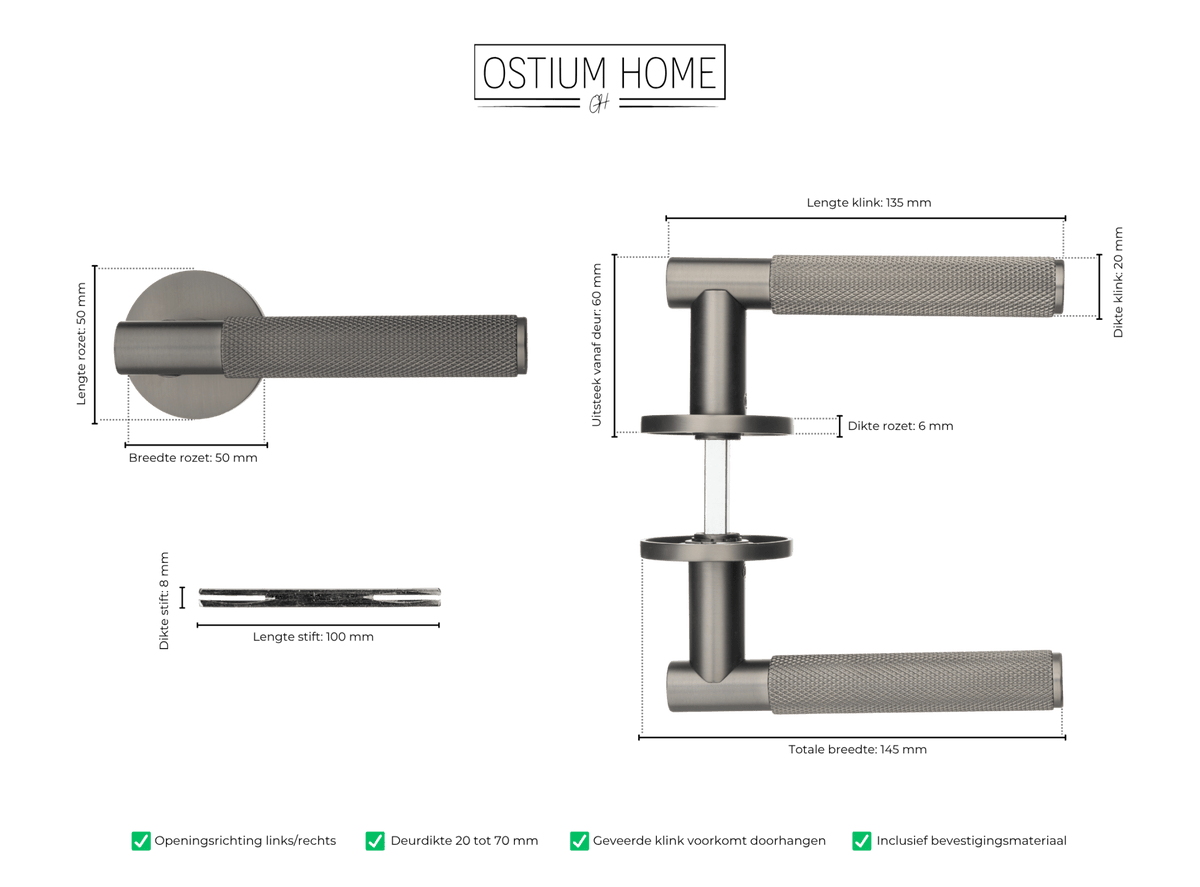 Maattekening van deurklink Basio in gun metal