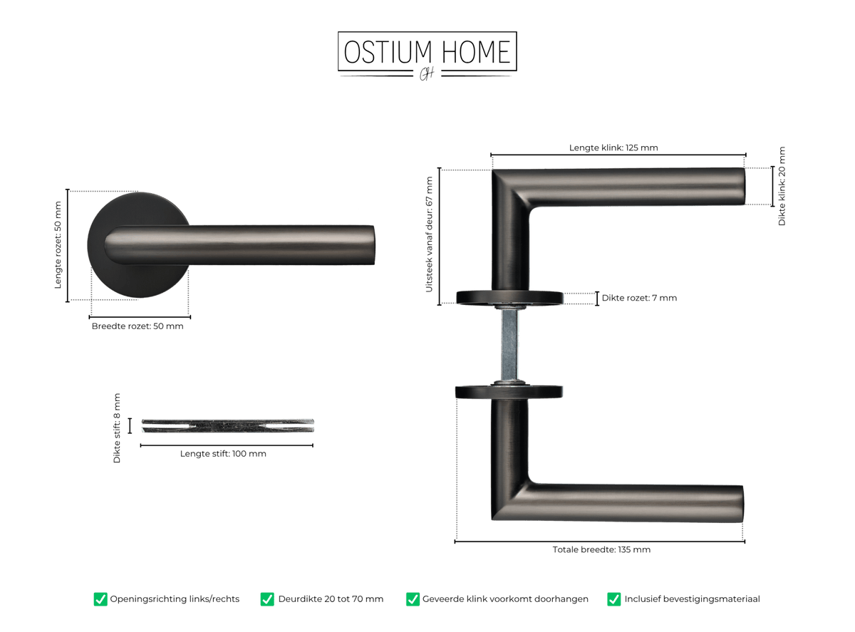 Maattekening van deurklink Cosa in gun metal