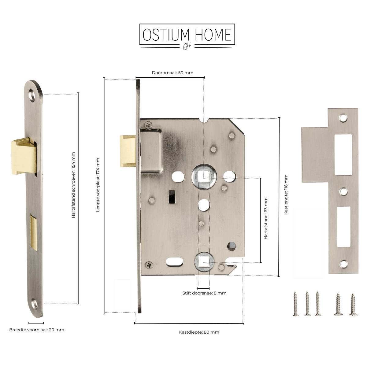 Maattekening van wC-insteekslot RVS WC 63 mm