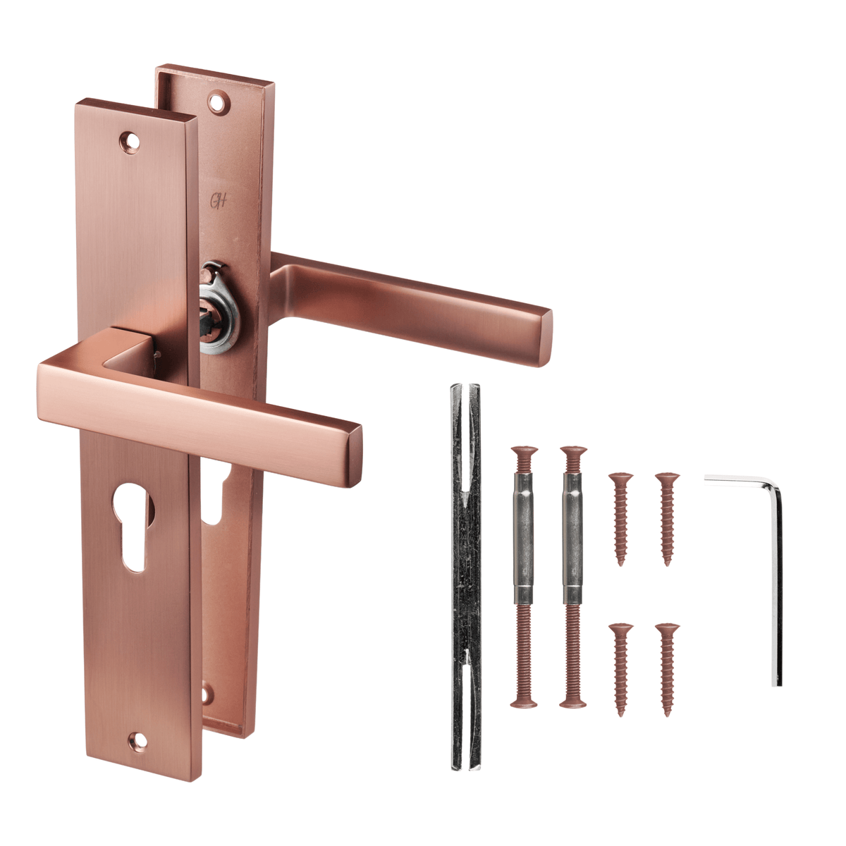 Deurklink Collodi in koper met cilindergat 55 mm met bevestigingsmateriaal