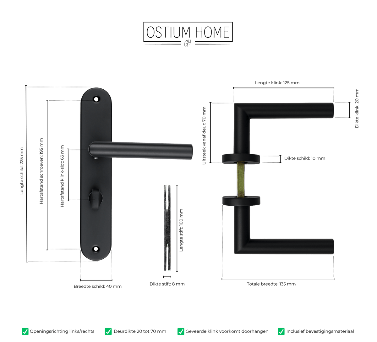 Maattekening van deurklink Belluno in zwart met WC-sluiting 63 mm