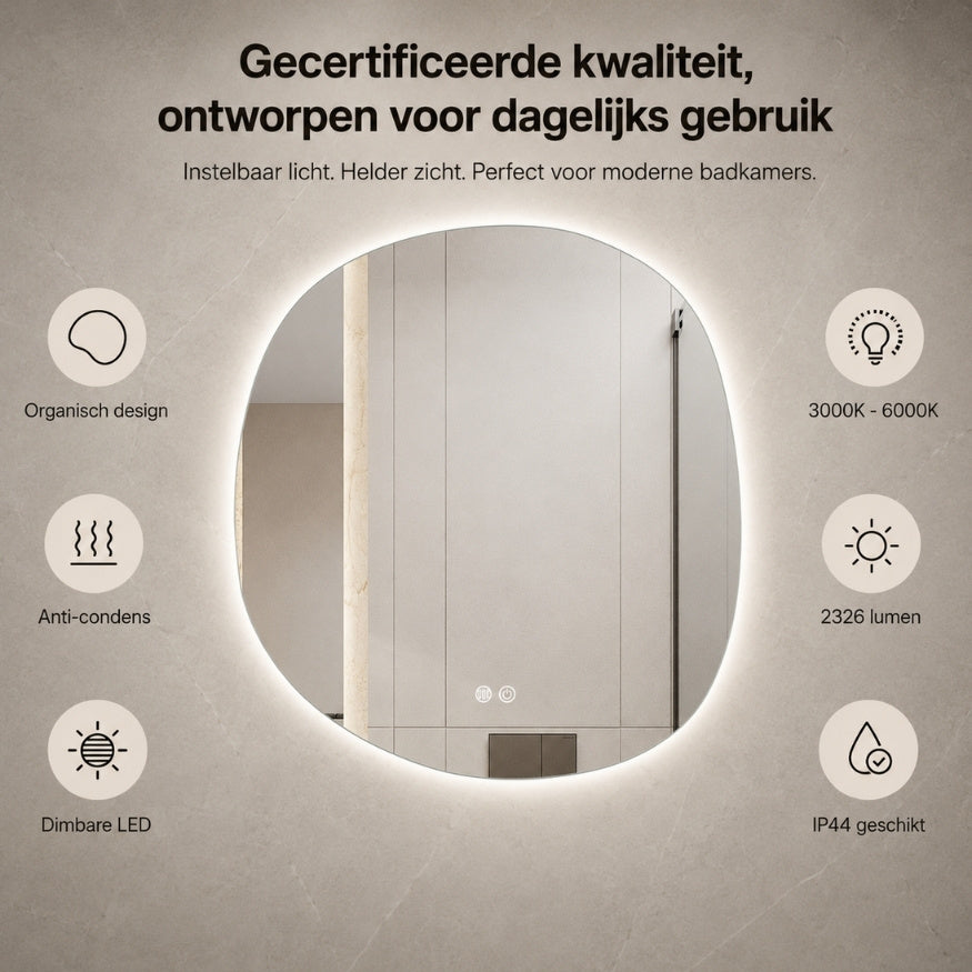 Aloni Pebble spiegel 80x85cm organische vorm in badkameropstelling