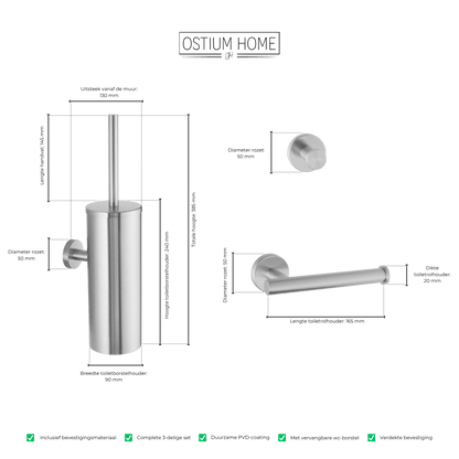 Maattekening van 3-delige toiletaccessoireset Stanio in RVS
