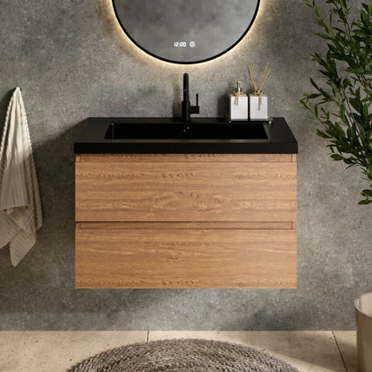 Badkamermeubelset Verona 80 cm - Warm Eiken - Wastafel Zwart - WDtegels