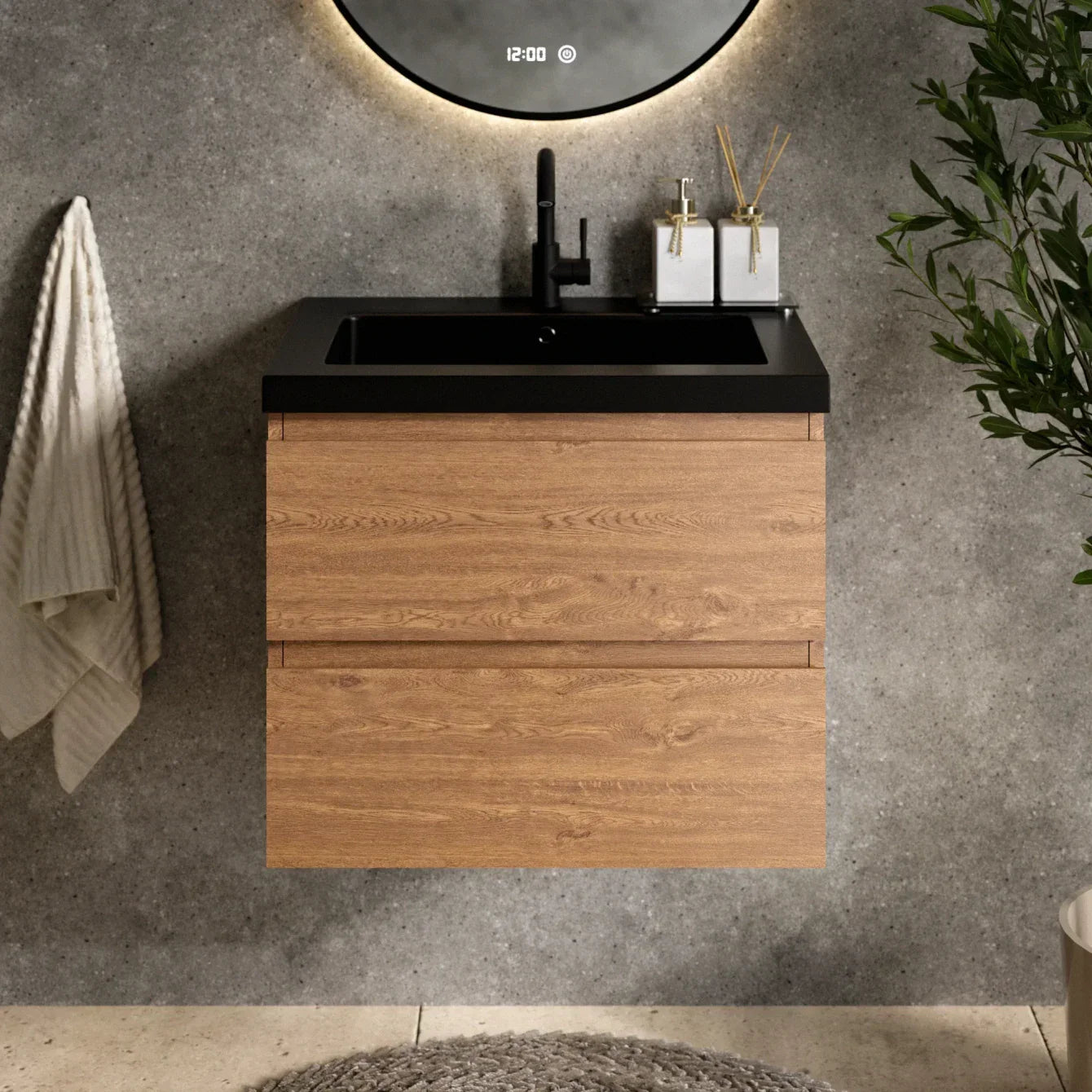 Badkamermeubelset Verona 60cm- Warm Eiken - Wastafel Zwart - WDtegels