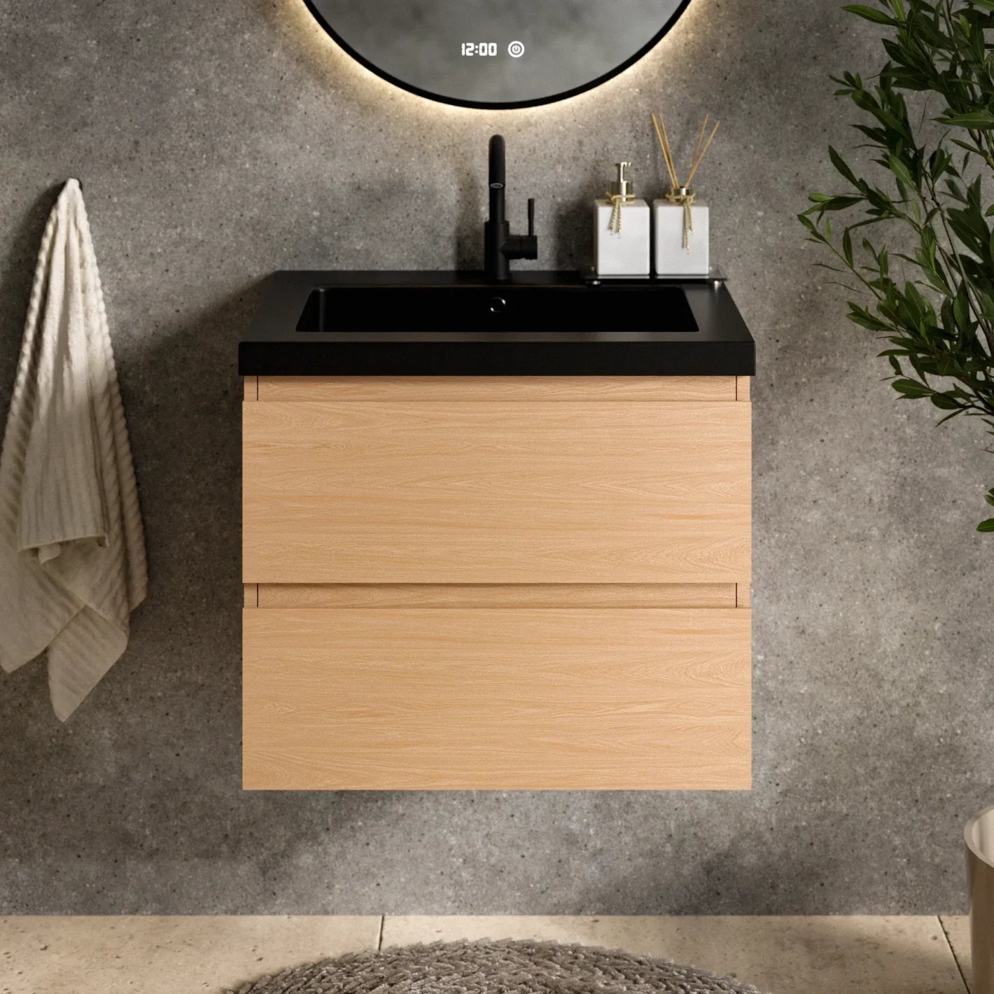 Badkamermeubelset Monaco 60cm - Licht Eiken - Wastafel Zwart - WDtegels