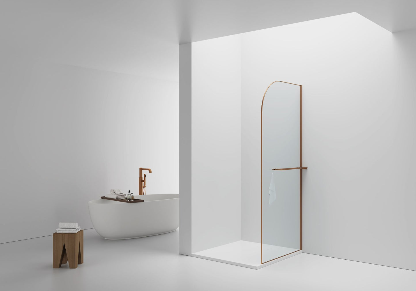 Curvy Inloopdouche | 100x200cm | Handdoekhouder | Geborsteld Koper | Gebogen Helder Glas - WDtegels