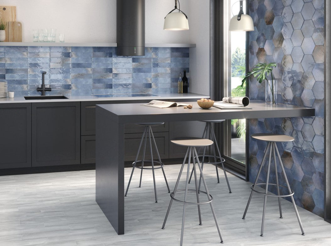 Wandtegel Hexagon Moon Blue glans 16x18 - WDtegels