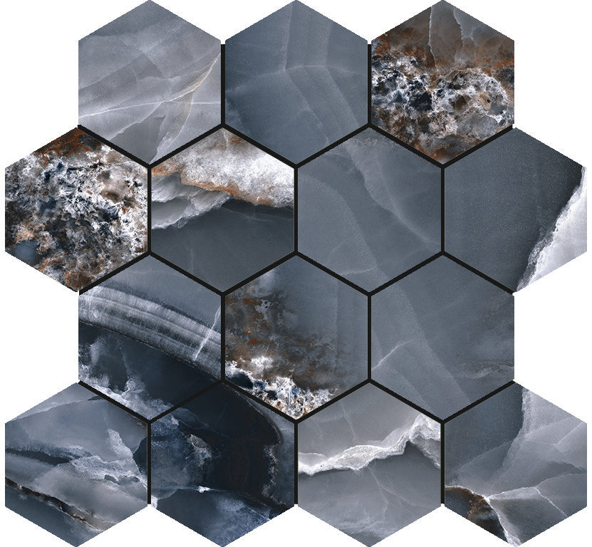 Onyx Bleu polished mozaiek hexagon op net van 29x27cm - WDtegels