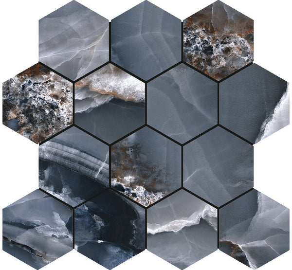 Onyx Bleu polished mozaiek hexagon op net van 29x27cm