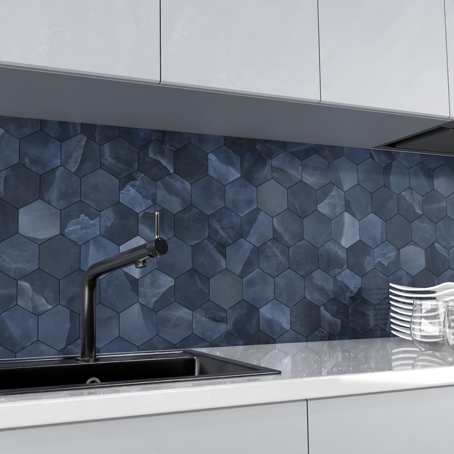 Onyx ek Blue mozaiek pulido hexagon op net van 26x30 - WDtegels