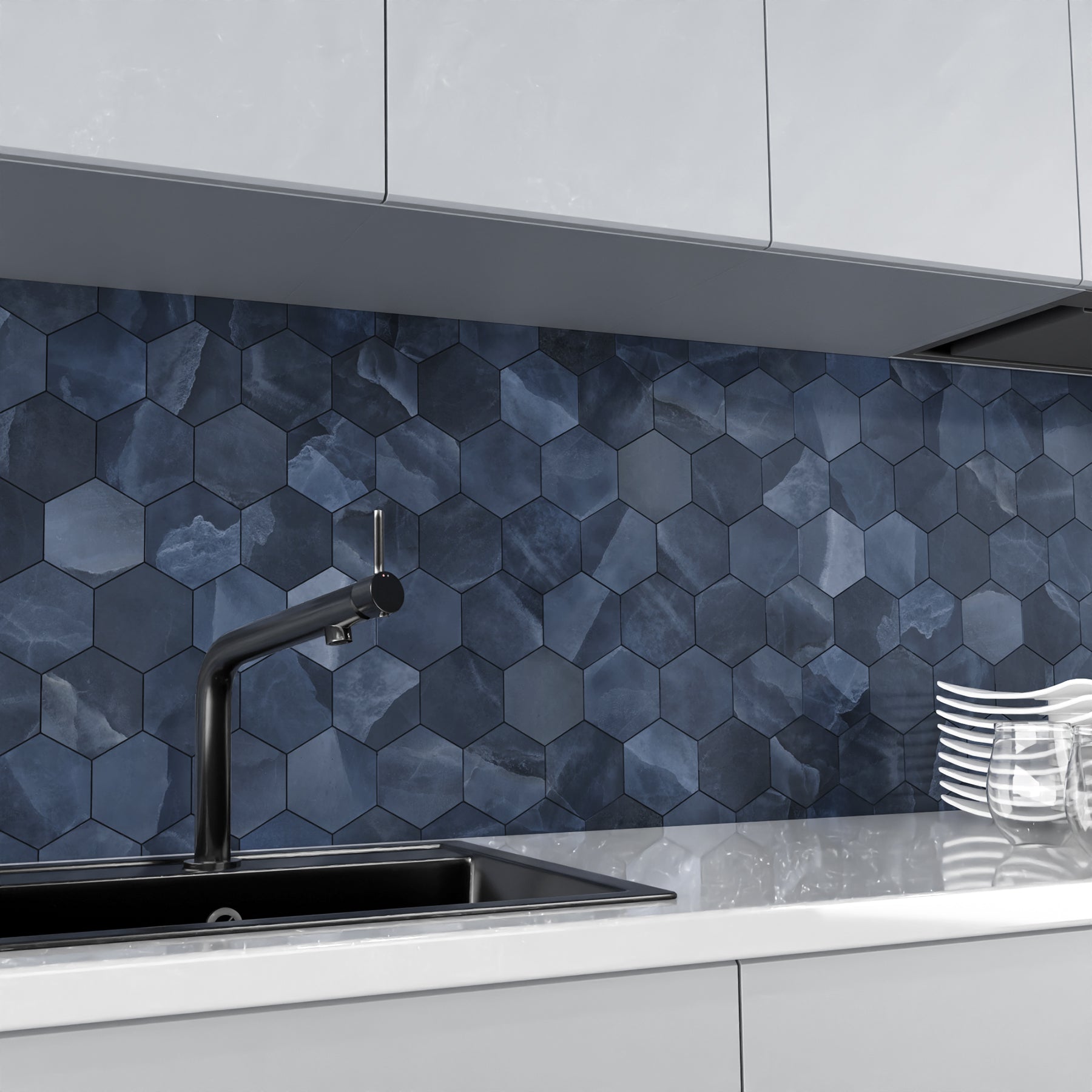 Onyx ek Blue mozaiek pulido hexagon op net van 26x30 - WDtegels
