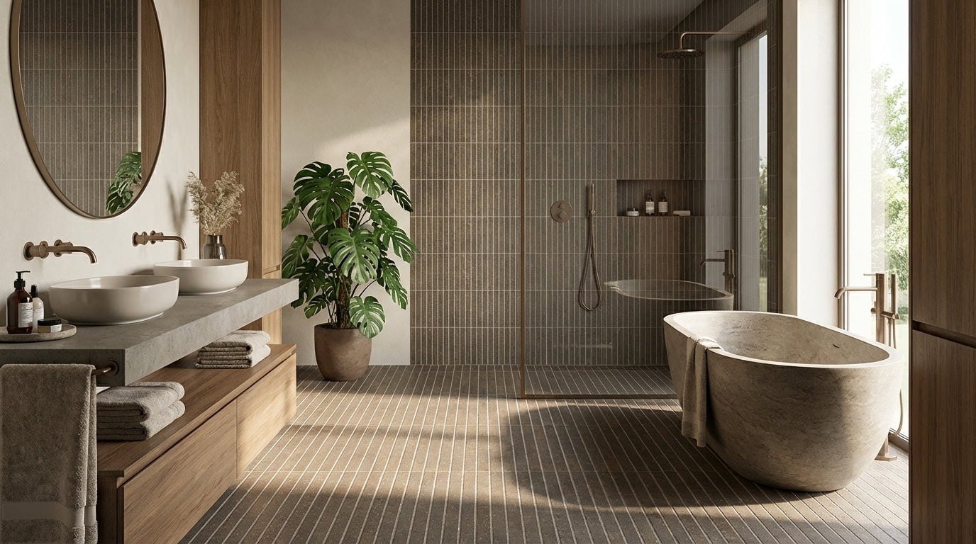 Nobu Cocoa tratti mosaico 1x24 rond op net van 24x30,5 - WDtegels