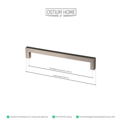 Maattekening van meubelgreep in gun metal, hartafstand 192 mm, lengte 204 mm