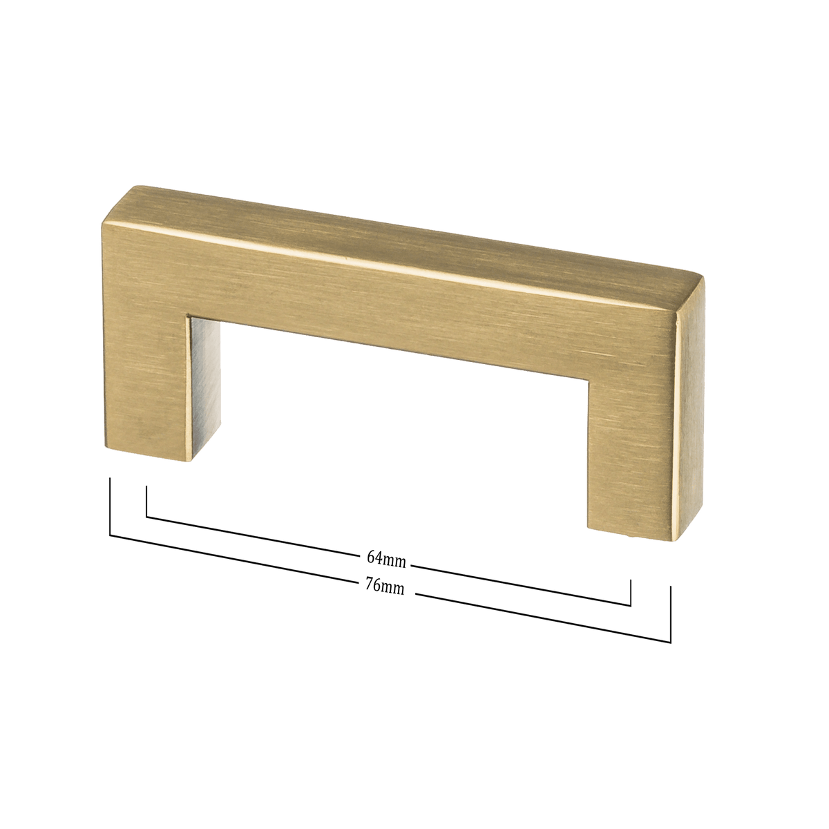 Maattekening van meubelgreep in goud, hartafstand 64 mm, lengte 76 mm